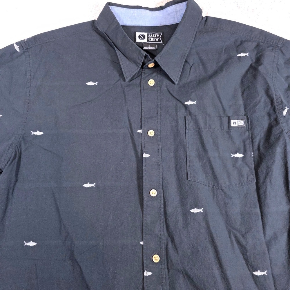 Salty Crew Button Up Shirt Mens Large Black Shark Print Short Sleeve Pocket
